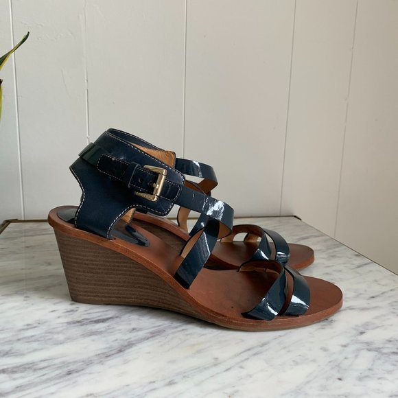 Coach Navy Leather Wedge Sandals size 9.5 - Picture 1 of 10